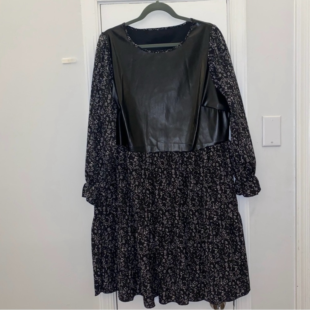 SHEIN Black Floral Long Sleeve Dress with Faux Leather Bodice